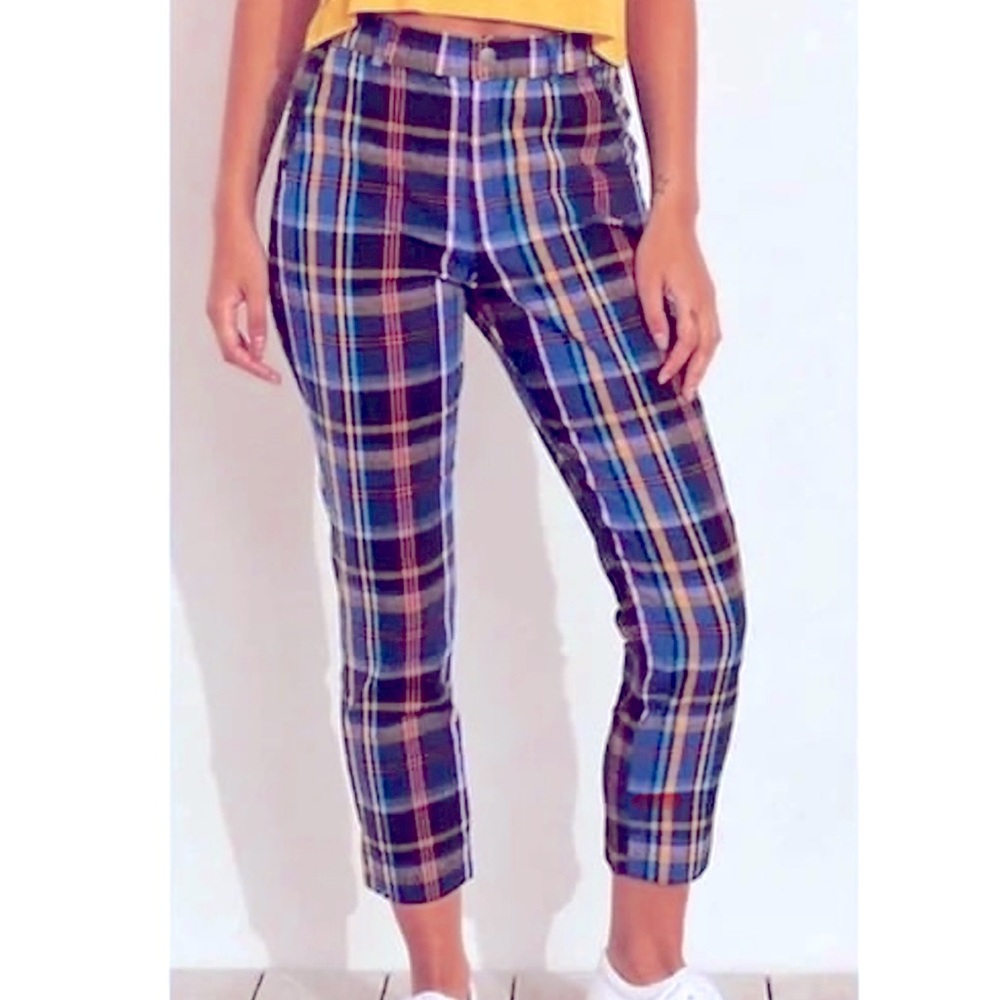 Hollister Black Blue Plaid Flannel Like Crop Ultra High Rise Ankle Pants